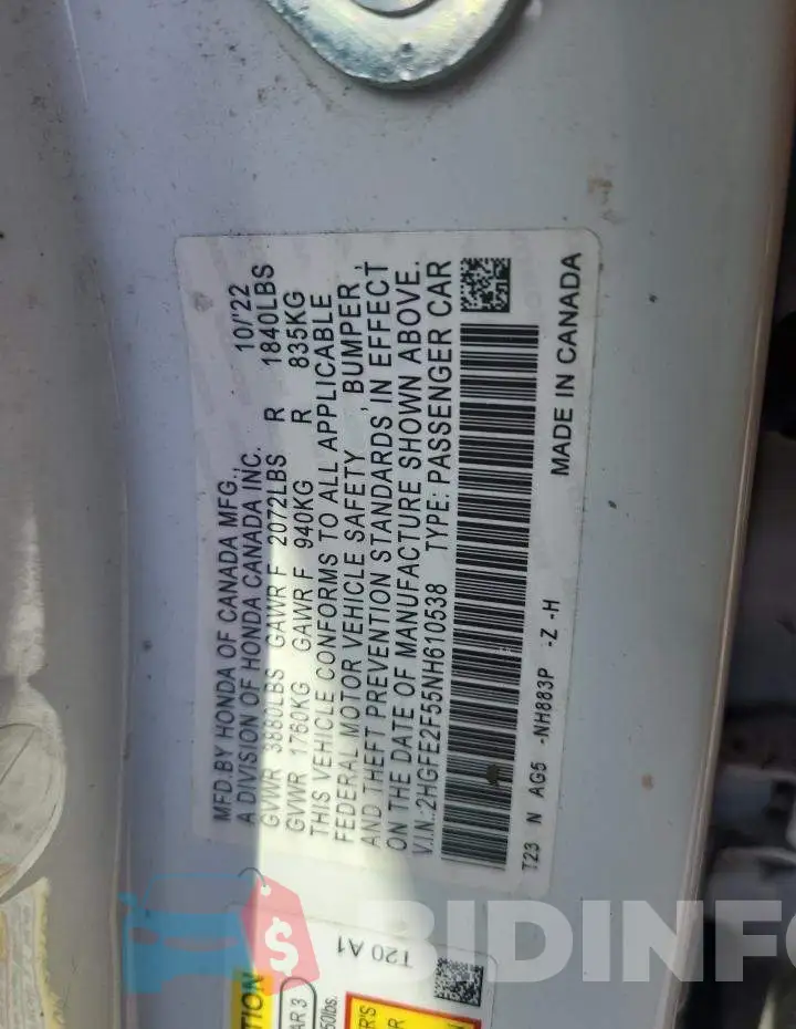 2HGFE2F55NH610538 Photo# 12
