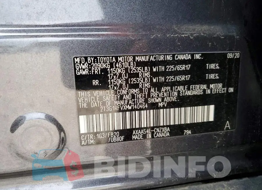 2T3G1RFVXMW140464 Photo# 13