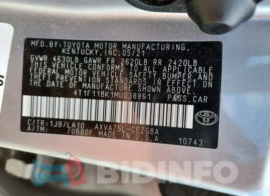 4T1F11BK1MU038861 Photo# 12