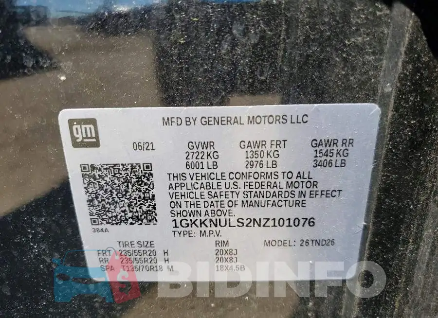 1GKKNULS2NZ101076 Photo# 13