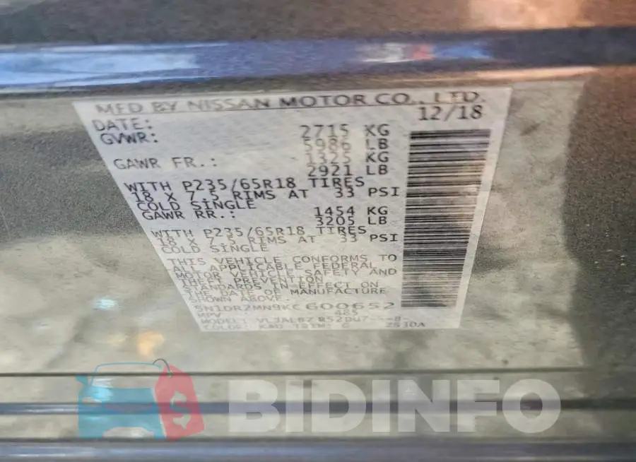 5N1DR2MN9KC600652 Photo# 13