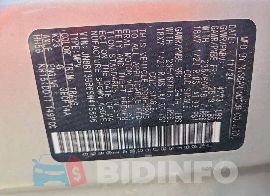 JN8BT3BB6SW416896 Photo# 14