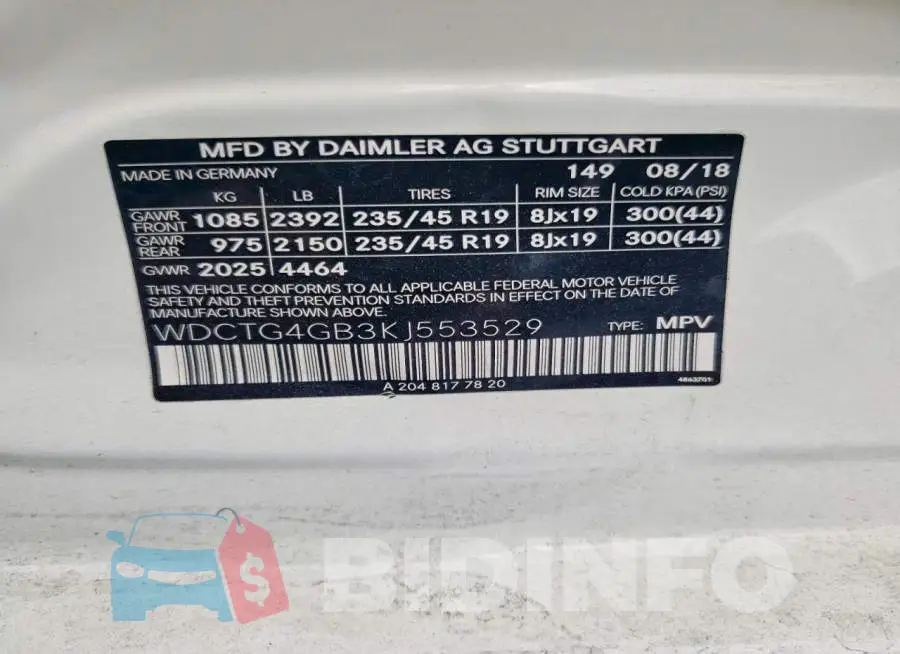 WDCTG4GB3KJ553529 Photo# 12