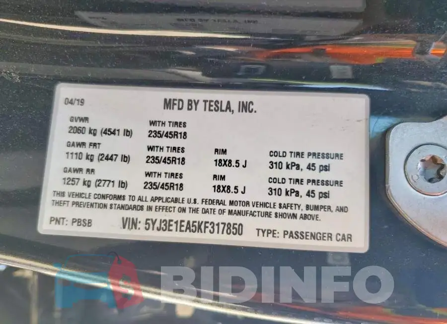 5YJ3E1EA5KF317850 Photo# 12