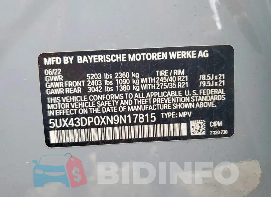 5UX43DP0XN9N17815 Photo# 13