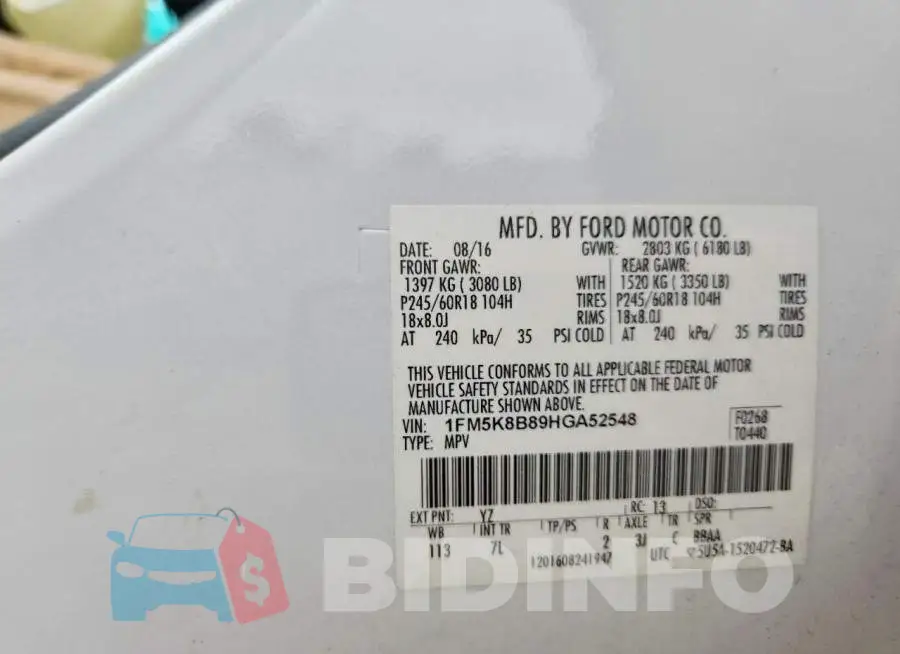 1FM5K8B89HGA52548 Photo# 13