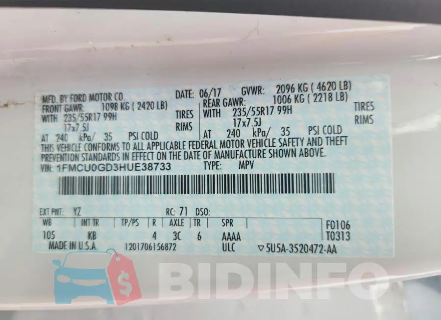 1FMCU0GD3HUE38733 Photo# 12