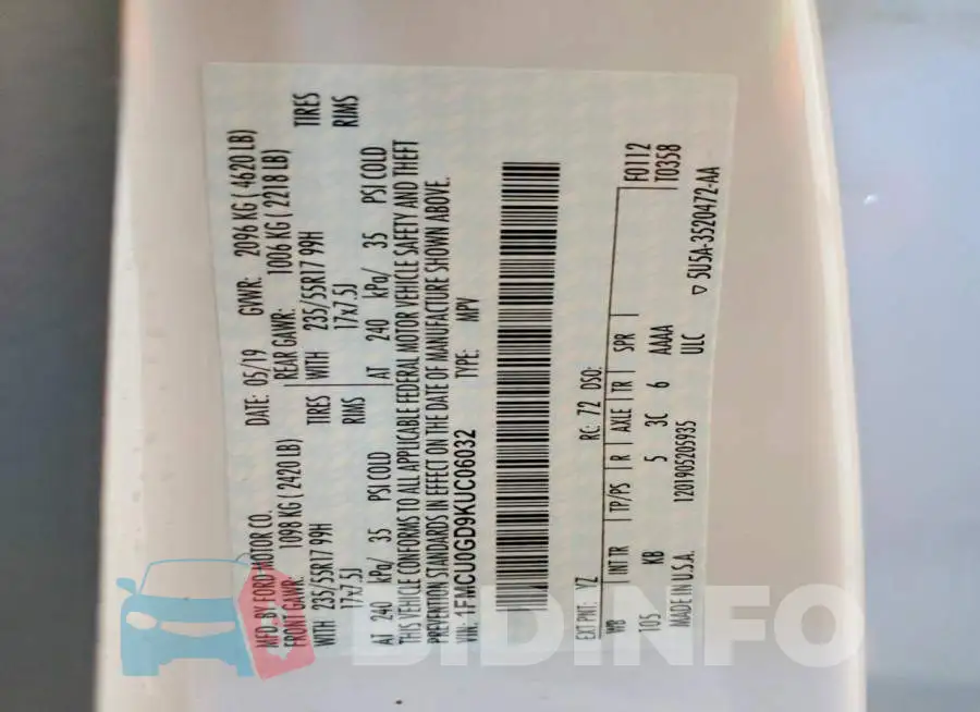 1FMCU0GD9KUC06032 Photo# 13