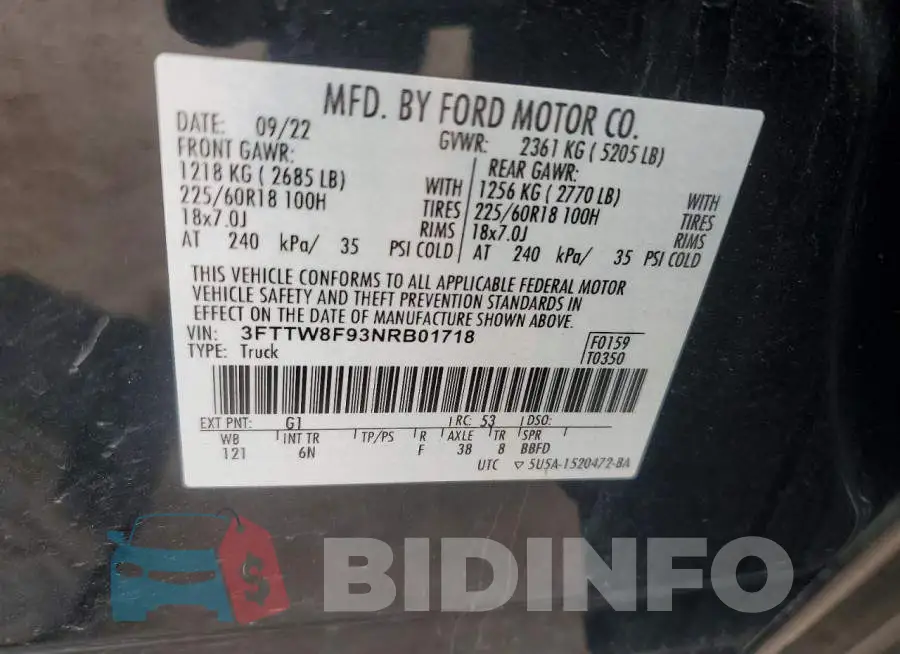 3FTTW8F93NRB01718 Photo# 12