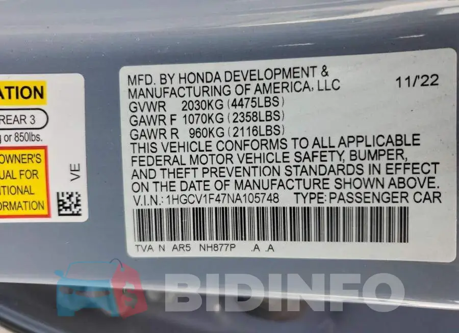 1HGCV1F47NA105748 Photo# 12