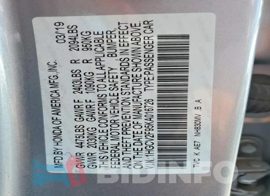 1HGCV2F95KA016726 Photo# 12