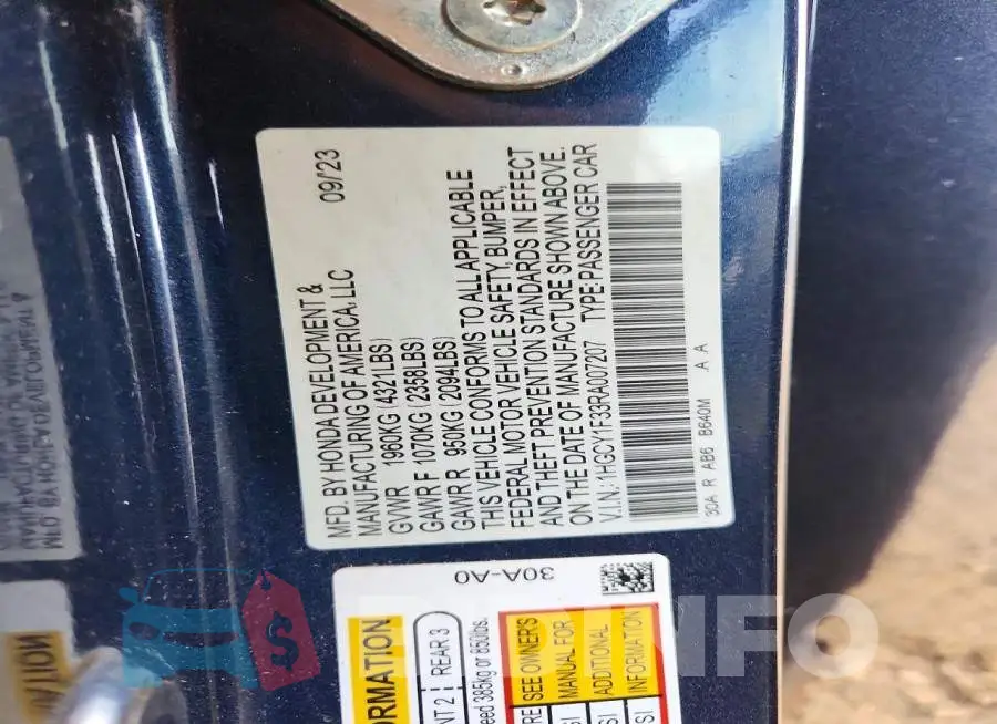 1HGCY1F33RA007207 Photo# 12