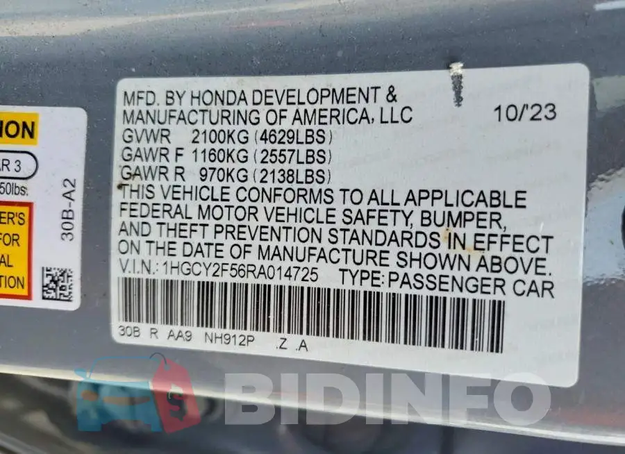 1HGCY2F56RA014725 Photo# 12