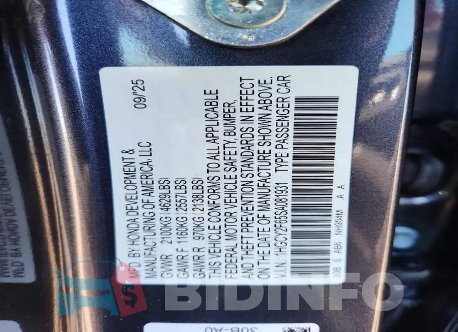 1HGCY2F65SA081931 Photo# 12