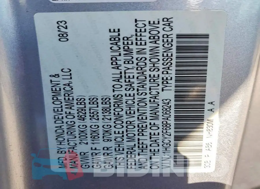 1HGCY2F68PA068243 Photo# 12