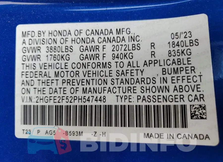2HGFE2F52PH547448 Photo# 13