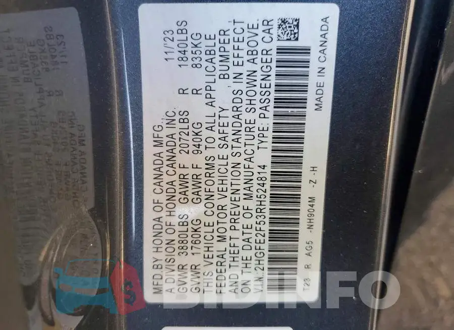 2HGFE2F53RH524814 Photo# 12