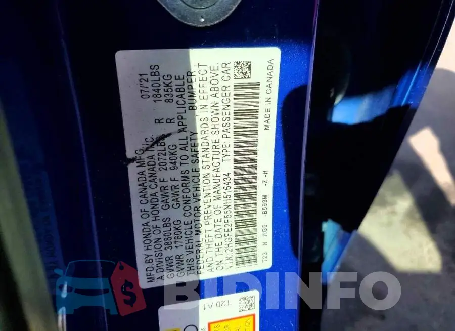 2HGFE2F55NH516434 Photo# 12