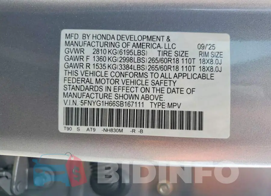 5FNYG1H66SB167111 Photo# 14