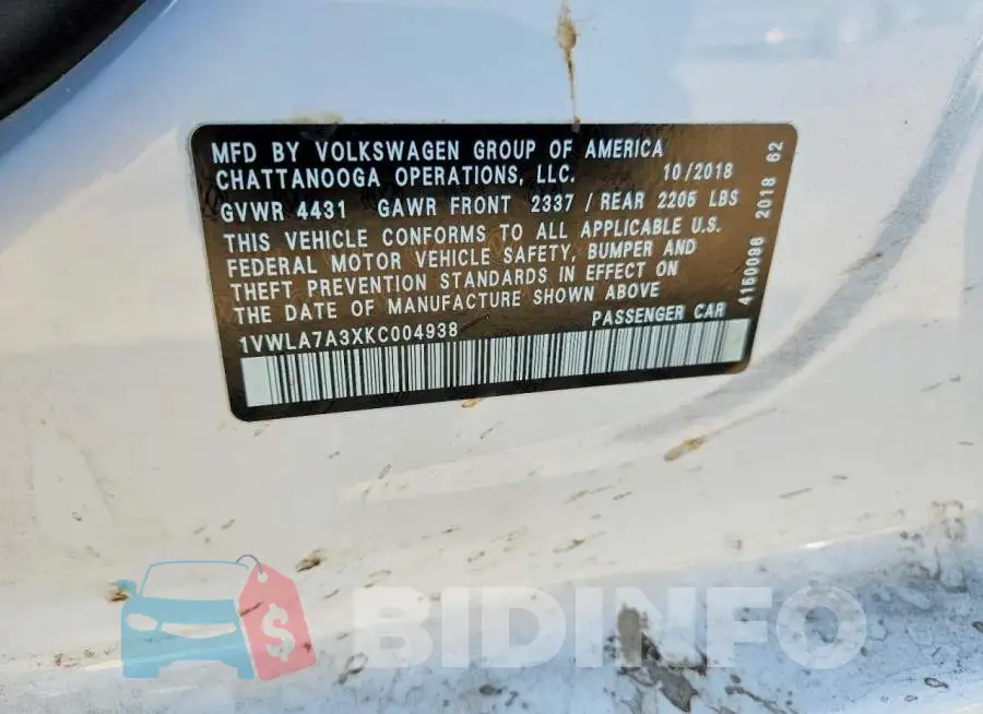 1VWLA7A3XKC004938 Photo# 12