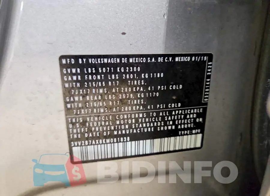 3VV2B7AX8KM081838 Photo# 13