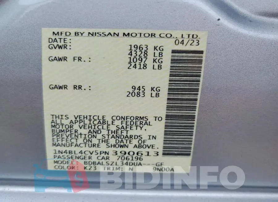 1N4BL4CV5PN390613 Photo# 12