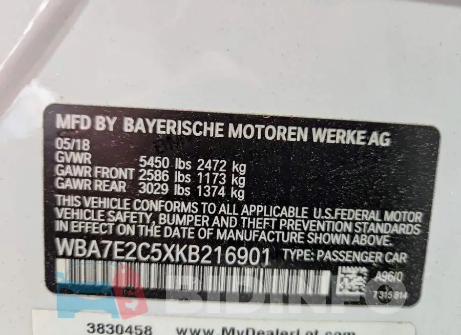 WBA7E2C5XKB216901 Photo# 13