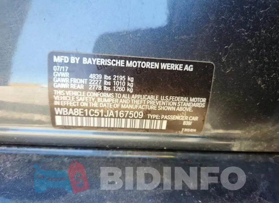WBA8E1C51JA167509 Photo# 12