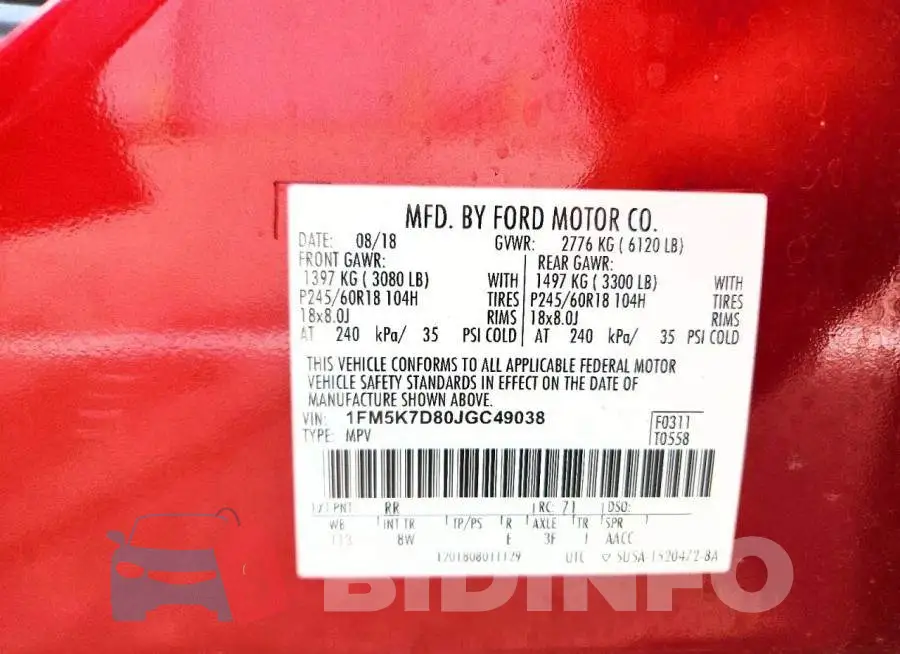 1FM5K7D80JGC49038 Photo# 14