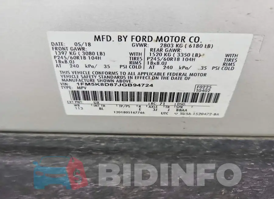 1FM5K8D87JGB94724 Photo# 13