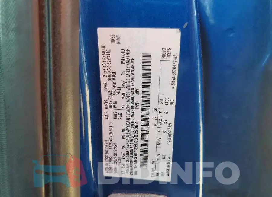 1FMCU9GD5KUB29082 Photo# 12