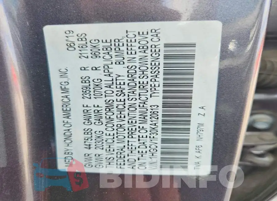 1HGCV1F30KA120613 Photo# 13