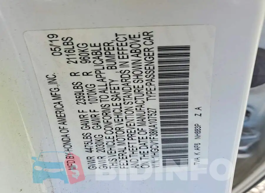 1HGCV1F38KA107527 Photo# 12