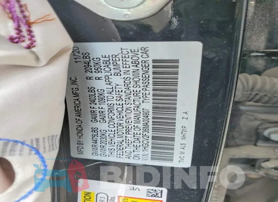 1HGCV2F36MA004907 Photo# 12