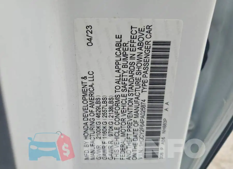 1HGCY2F64PA025874 Photo# 12