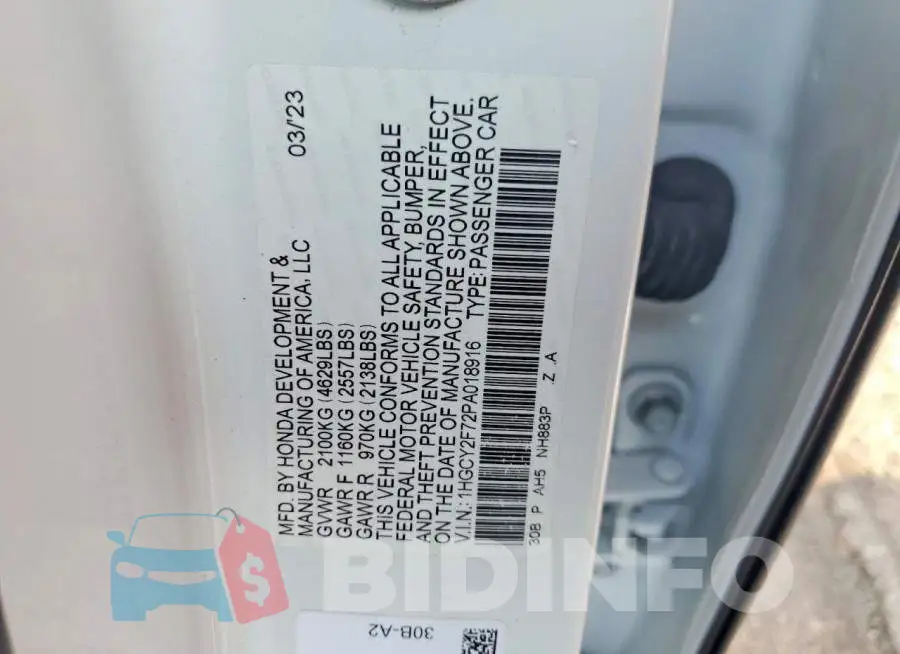 1HGCY2F72PA018916 Photo# 12