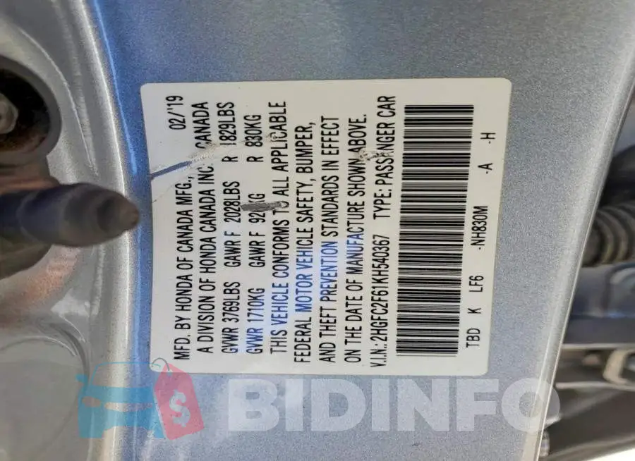 2HGFC2F61KH540367 Photo# 13