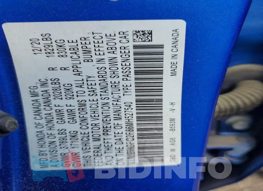 2HGFC2F86MH527540 Photo# 12