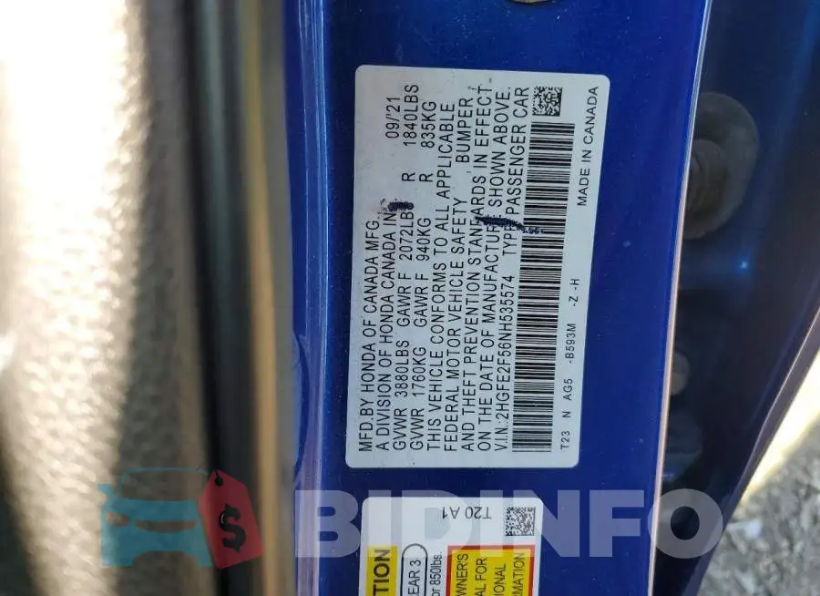 2HGFE2F56NH535574 Photo# 12