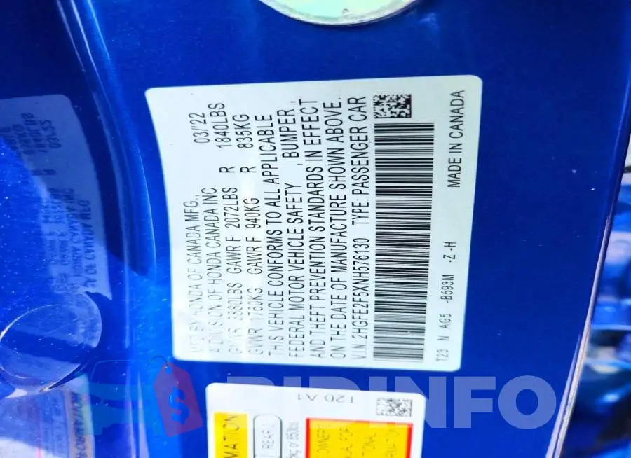 2HGFE2F5XNH576130 Photo# 12