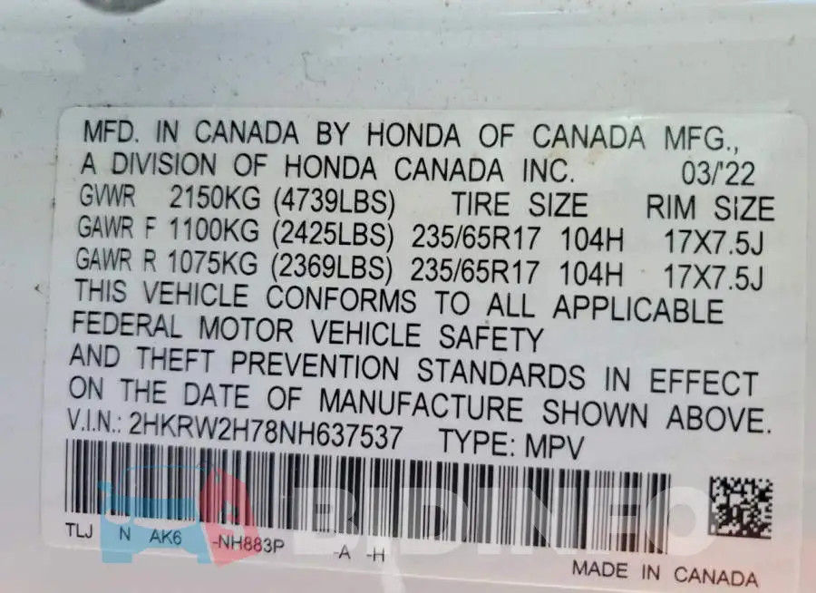 2HKRW2H78NH637537 Photo# 13