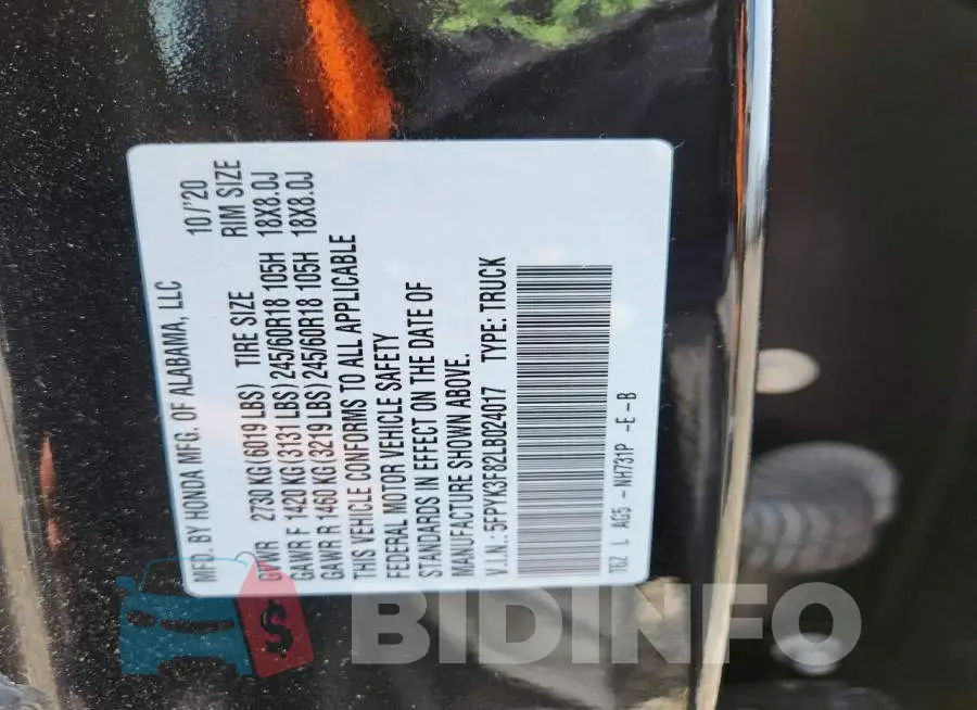 5FPYK3F82LB024017 Photo# 12