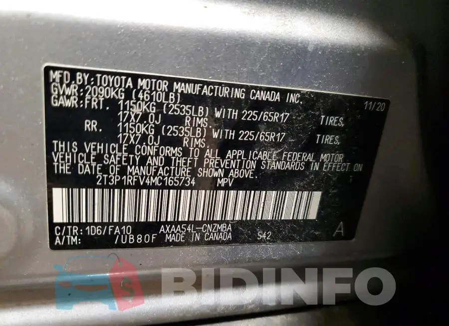 2T3P1RFV4MC165734 Photo# 13