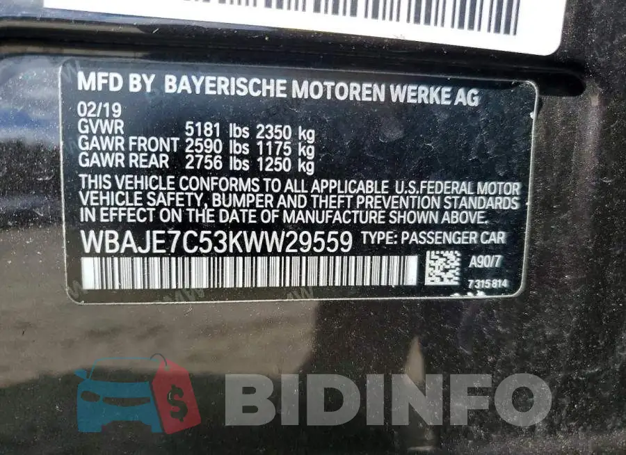 WBAJE7C53KWW29559 Photo# 12