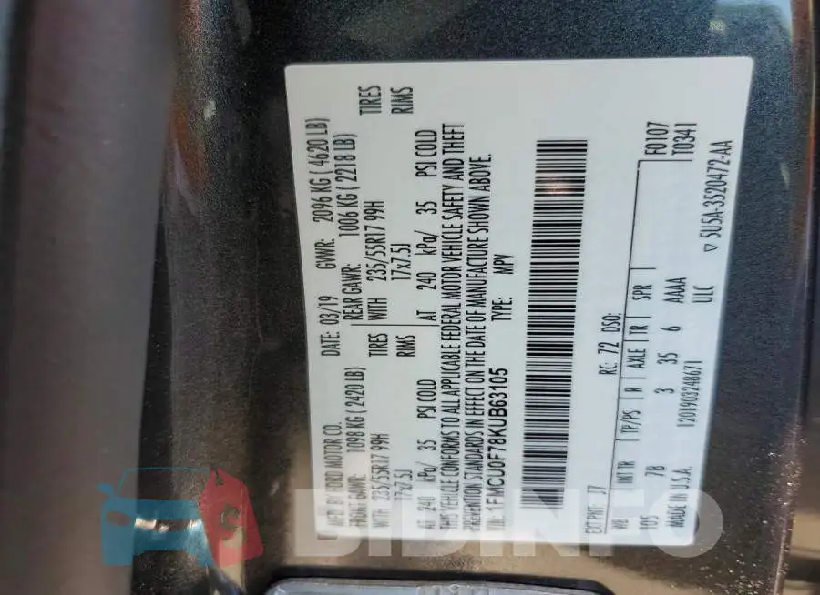 1FMCU0F78KUB63105 Photo# 14
