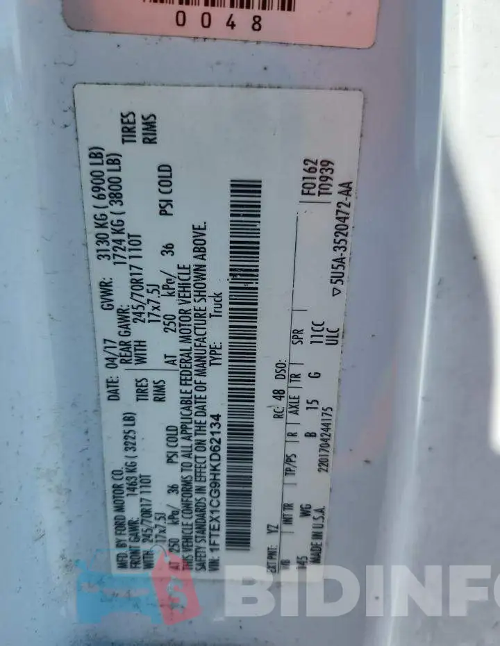 1FTEX1CG9HKD62134 Photo# 12