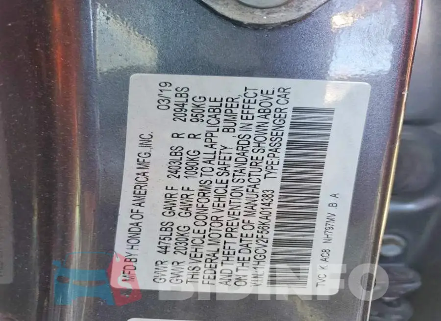 1HGCV2F56KA014383 Photo# 13