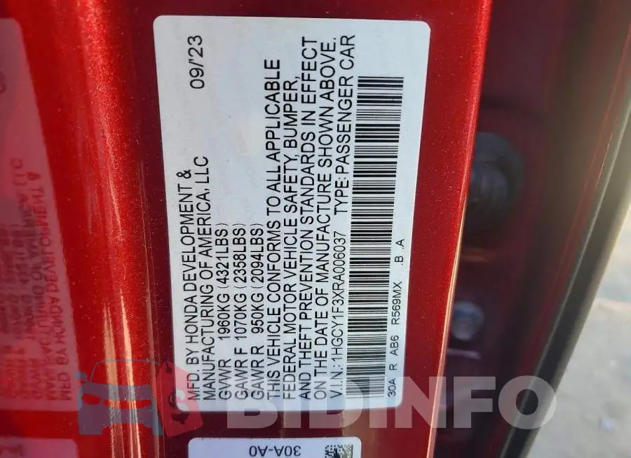 1HGCY1F3XRA006037 Photo# 13