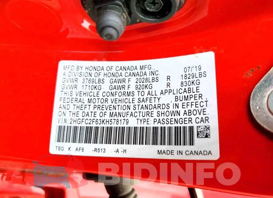 2HGFC2F63KH578179 Photo# 13