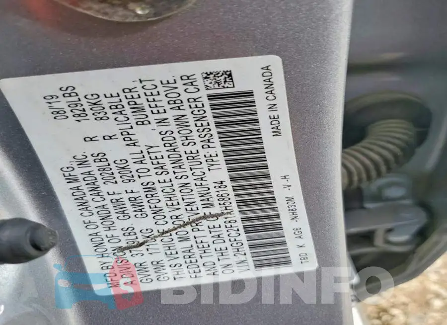2HGFC2F81KH586184 Photo# 12
